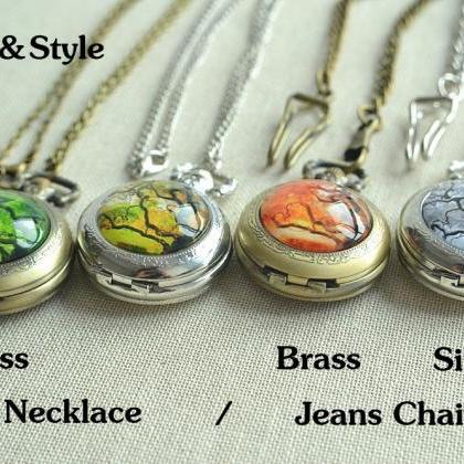 Tree Pocket Watch Necklace,birds On Tree Picture..