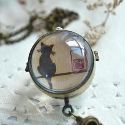 Vintage Bronze Copper Quartz Mad Cat Pocket Watch n Gift main image 1