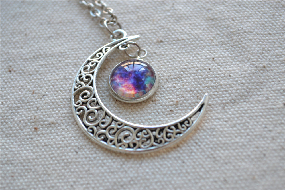 Crescent Moon Necklace,purple Galaxy Necklace, Cosmic Universe Jewelry (xl004)