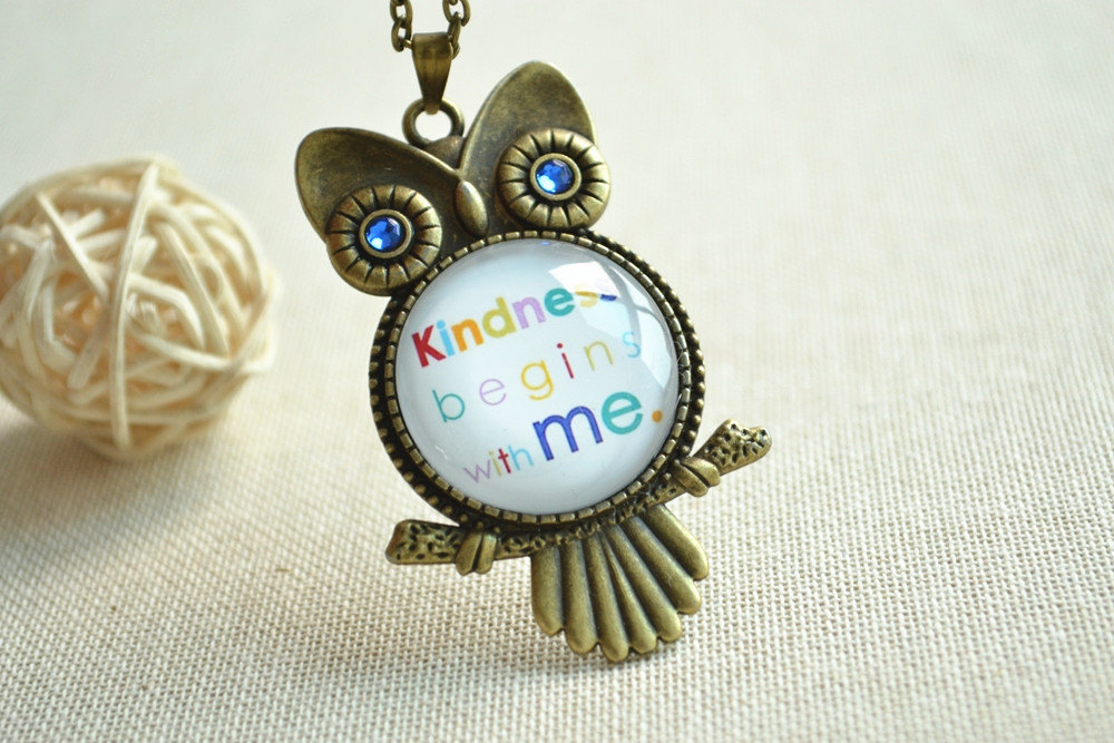 Steampunk Night Owl Necklace,blue Eyes Owl Necklace,with Quote"kindness Begins With Me" Pendnat Necklace,picture