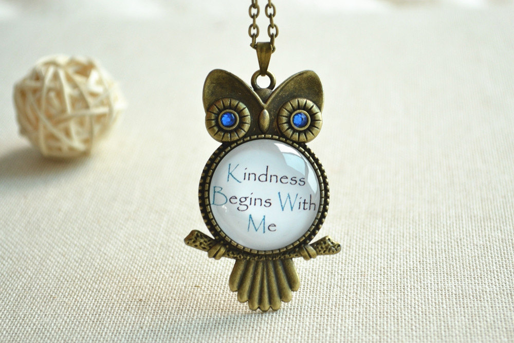 Steampunk Night Owl Necklace,blue Eyes Owl Necklace,with Quote"kindness Begins With Me" Pendnat Necklace,picture