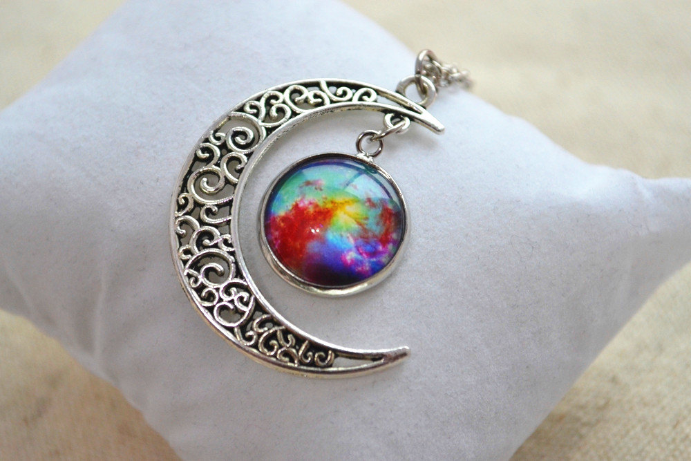 Crescent Moon Necklace,colorfull Galaxy Necklace, Cosmic Universe Jewelry,hope Necklace (xl010)