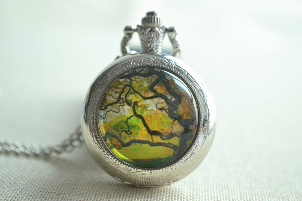 Summer Tree Pocket Watch,life Tree Picture Pendant Necklace,steampunk Forest Watch Necklace Jewelry,four Season,unisex Gift(hb012)