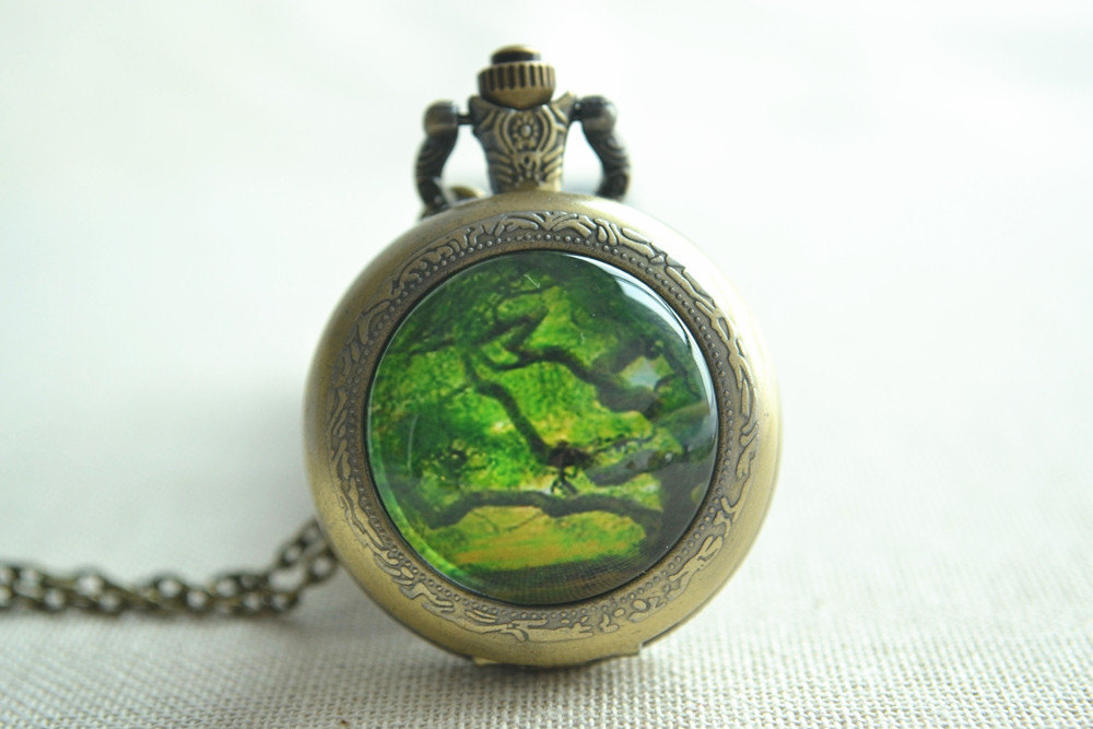 Spring Pocket Watch,life Tree Picture Pendant Necklace,steampunk Forest Watch Necklace Jewelry,four Season,unisex(hb011)