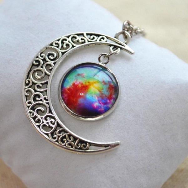 Crescent Moon Necklace,colorfull Galaxy Necklace, Cosmic Universe ...